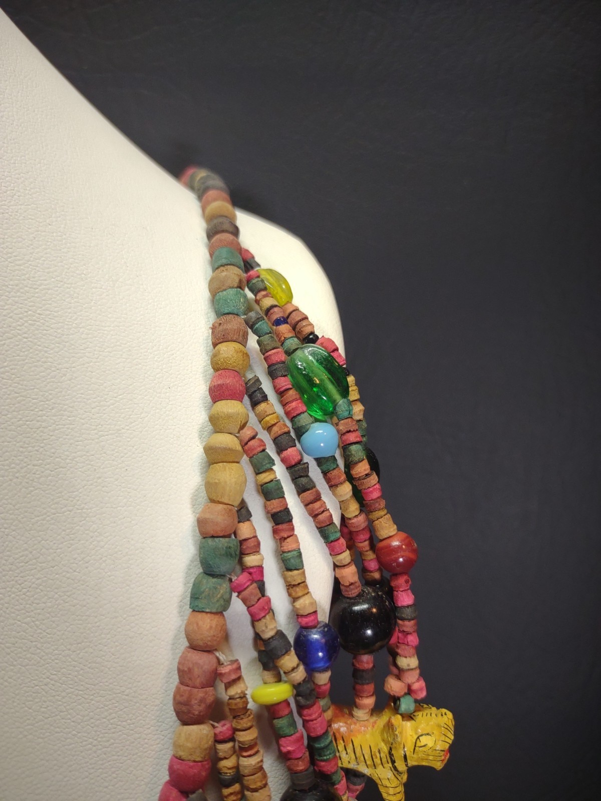 Vgt Africa Multi-Strand Drops Hand Carved Wood Animal Glass Beads Necklace Boho