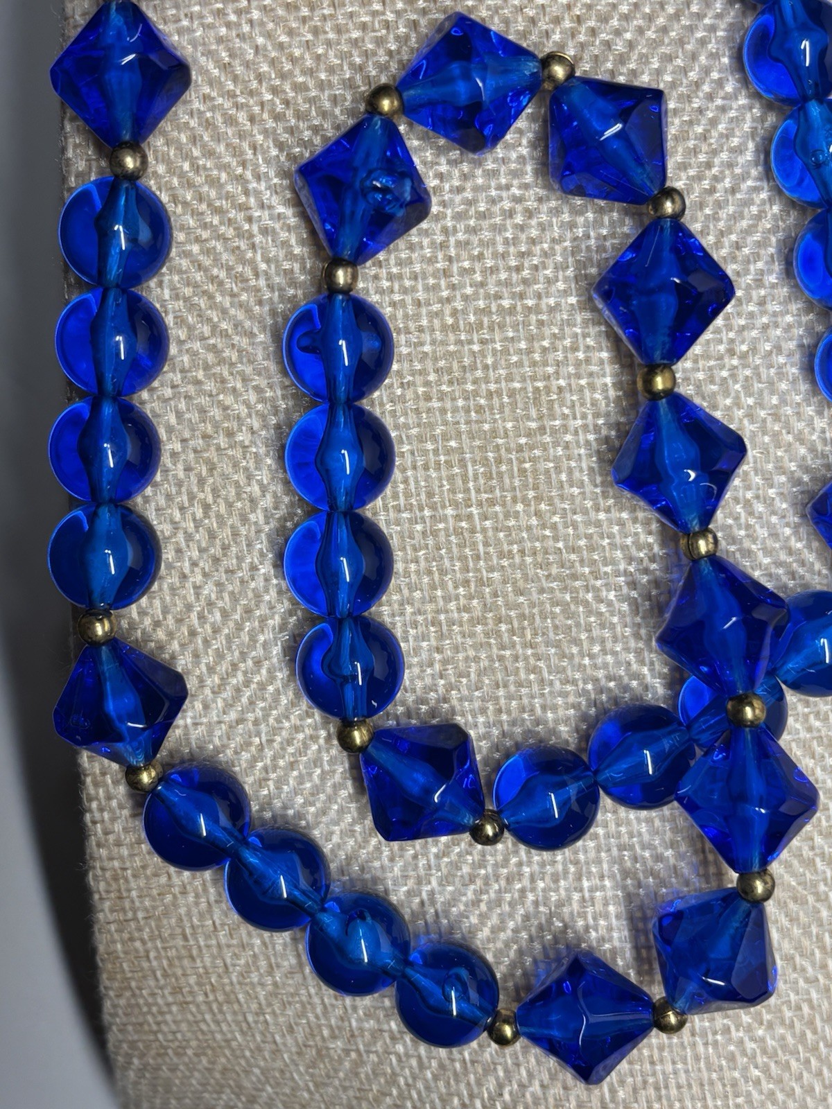 Vintage Blue Lucite Bicone Round Bead Necklace 23” Brass Spacers MCM