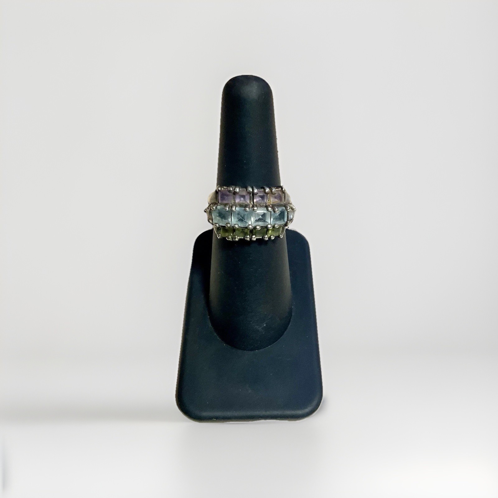 Vintage Multicolor 14 Stones Sterling Silver Ring Size 6.5 Green Purple Blue 925