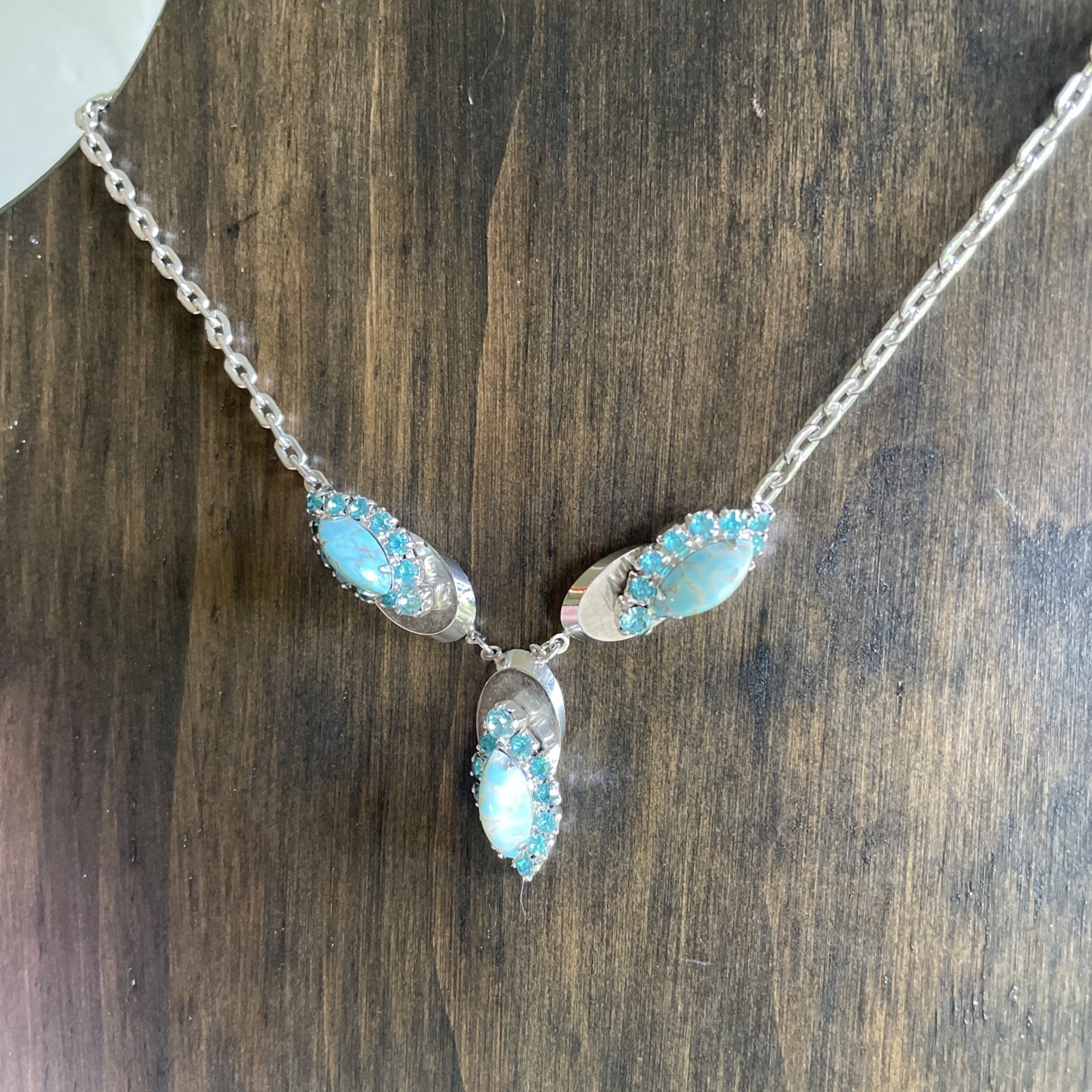 Vintage Rhinestone & Turquoise Silver Choker Necklace