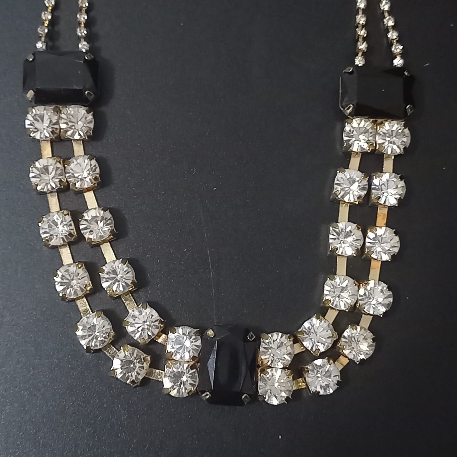 Vintage Gold Tone Clear Rhinestone & Black Emerald-Cut Stone Statement Necklace
