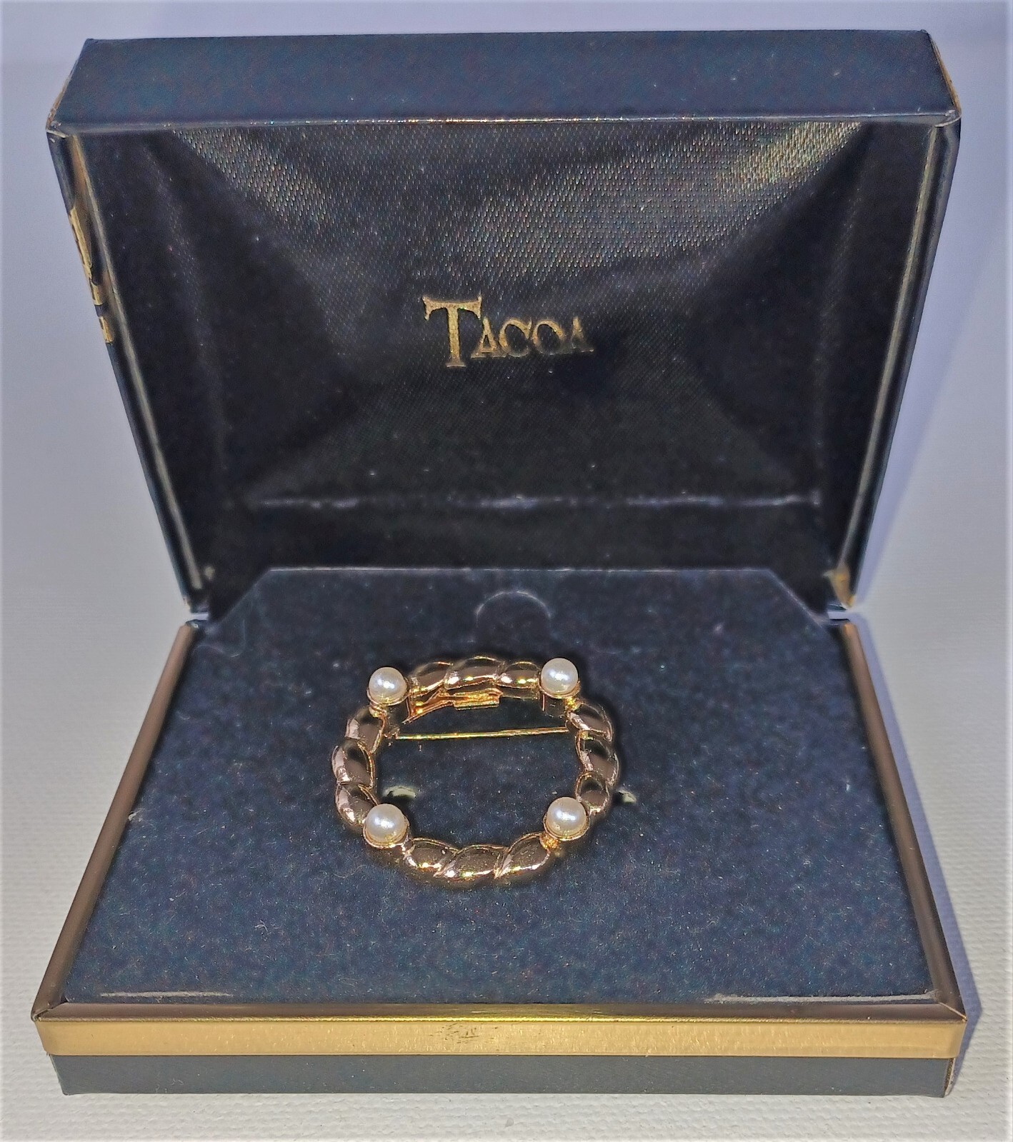 Vintage Gold Tone and Faux Pearl Pin Brooch Tacoa Box