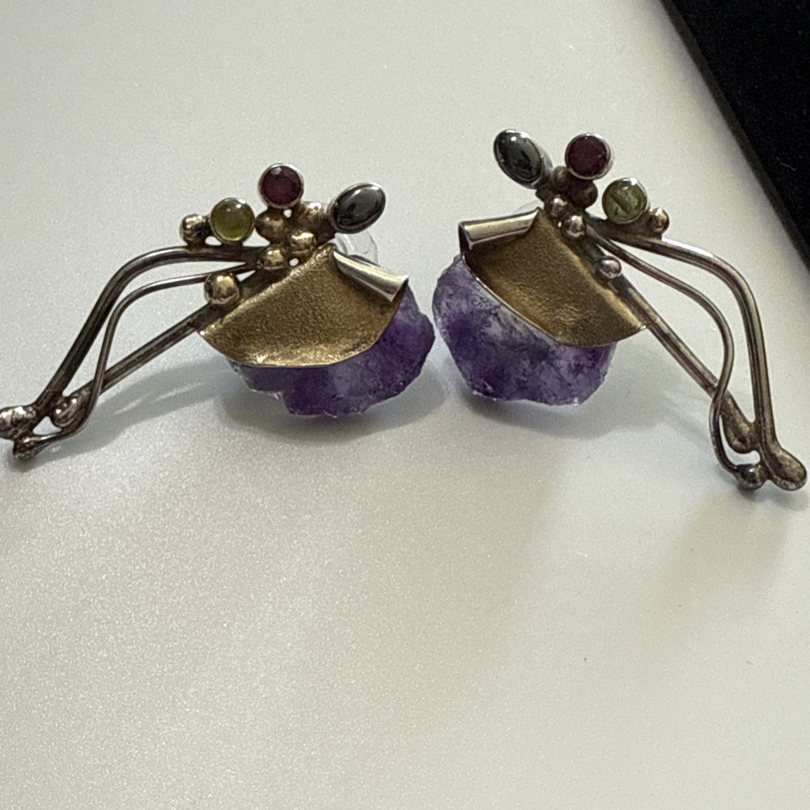 Vintage Artisan Amethyst Geode Sterling Silver Pierced Earrings