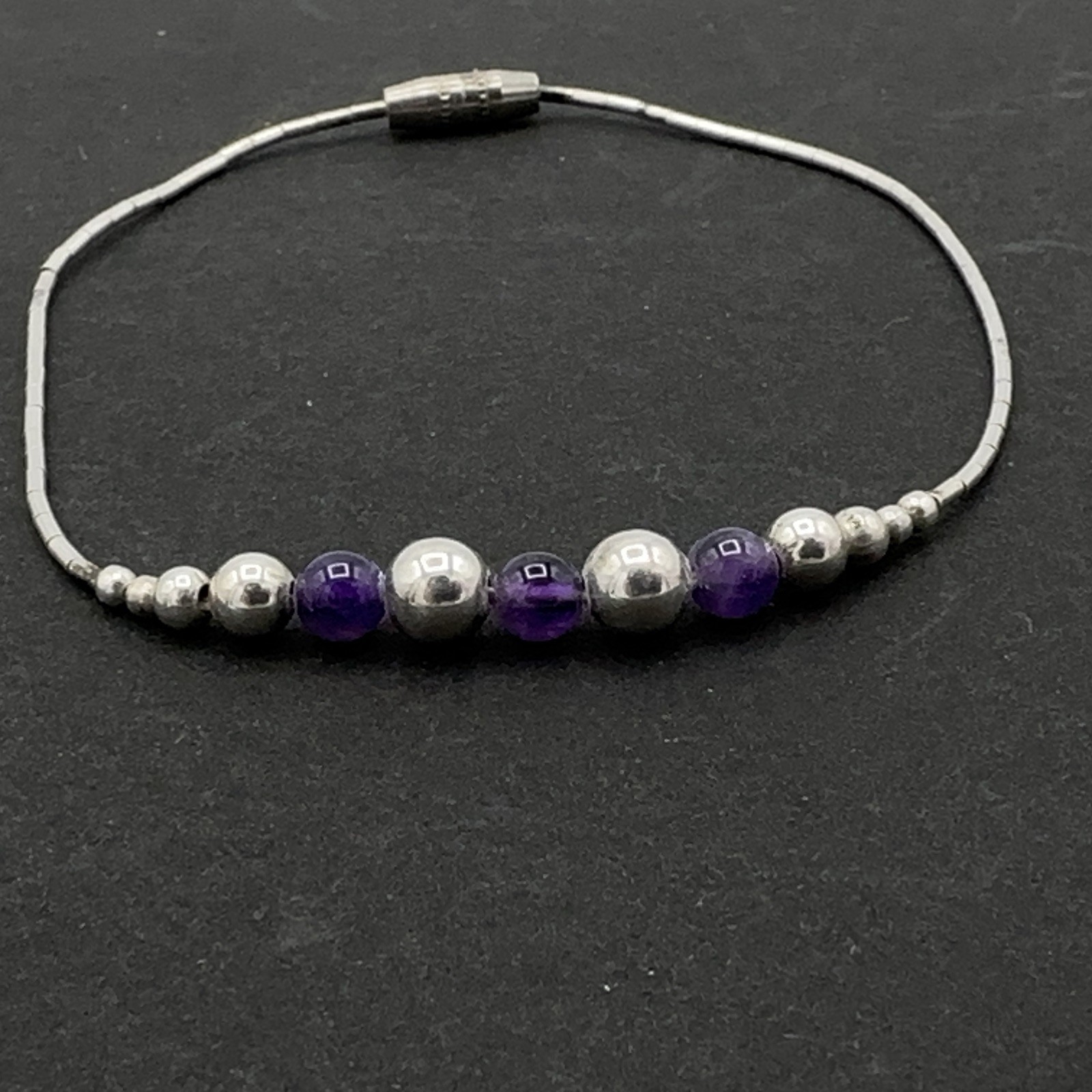 AMETHYST bead bracelet – sterling silver artisan-made liquid silver barrel clasp