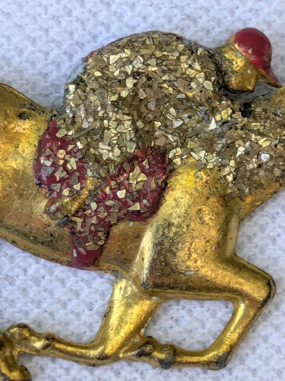 Antique Glass Glitter on Brass Race Horse & Jockey Brooch Pin C Clasp AS IS D92