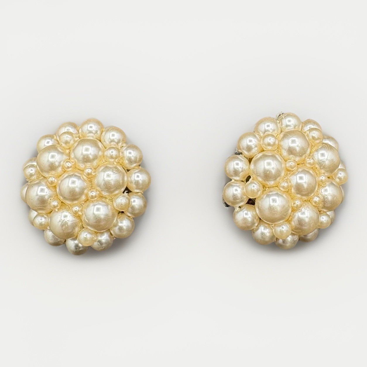 Vintage Faux Pearl Cluster Round Domed Clip On Earrings Beaded Jewelry Chunky