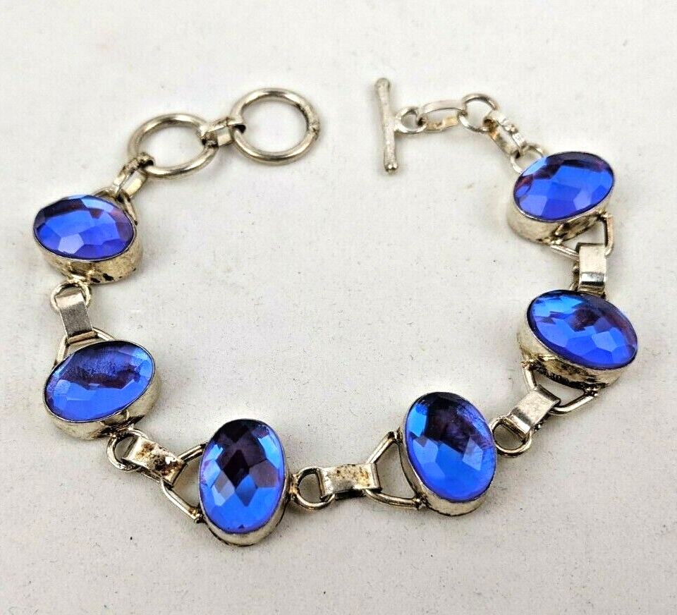Sterling Silver Iridescent Purple Blue Faceted Stones Toggle Bracelet 7.5″ Adj