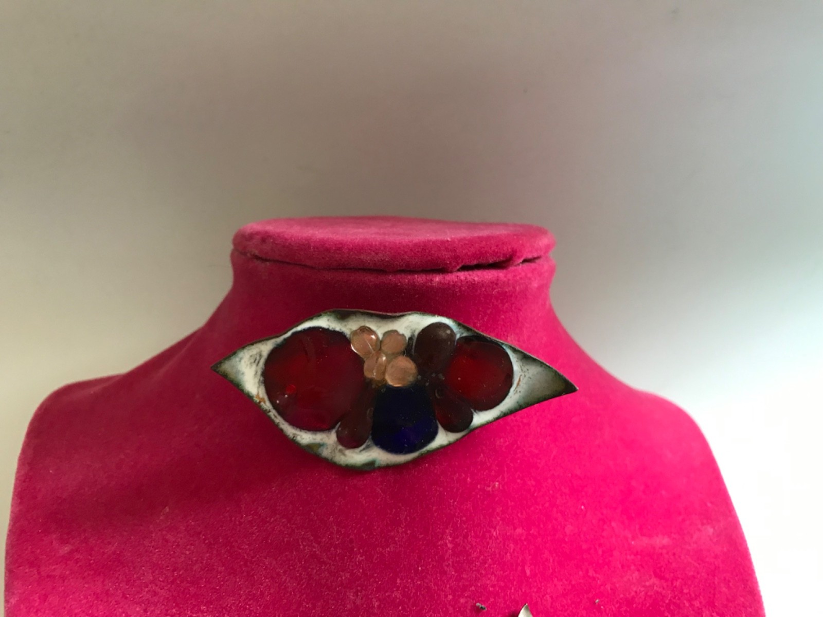VNTG BERYL SHELDON COPPER & ENAMEL ABSTRACT DROPS-BROOCH/EARRINGS SET 1960mcm