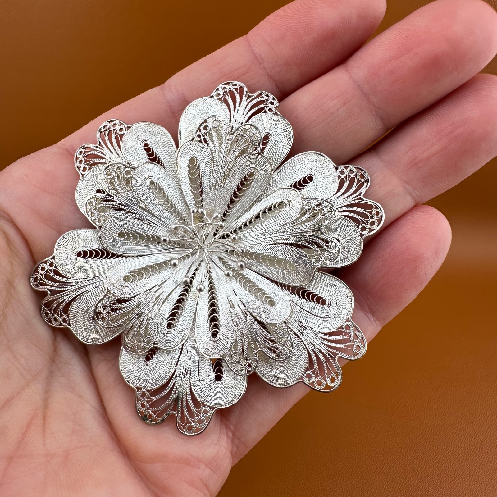 Vintage Sterling Silver Flower Brooch Pin Cannetille Filigree Floral 925 Signed