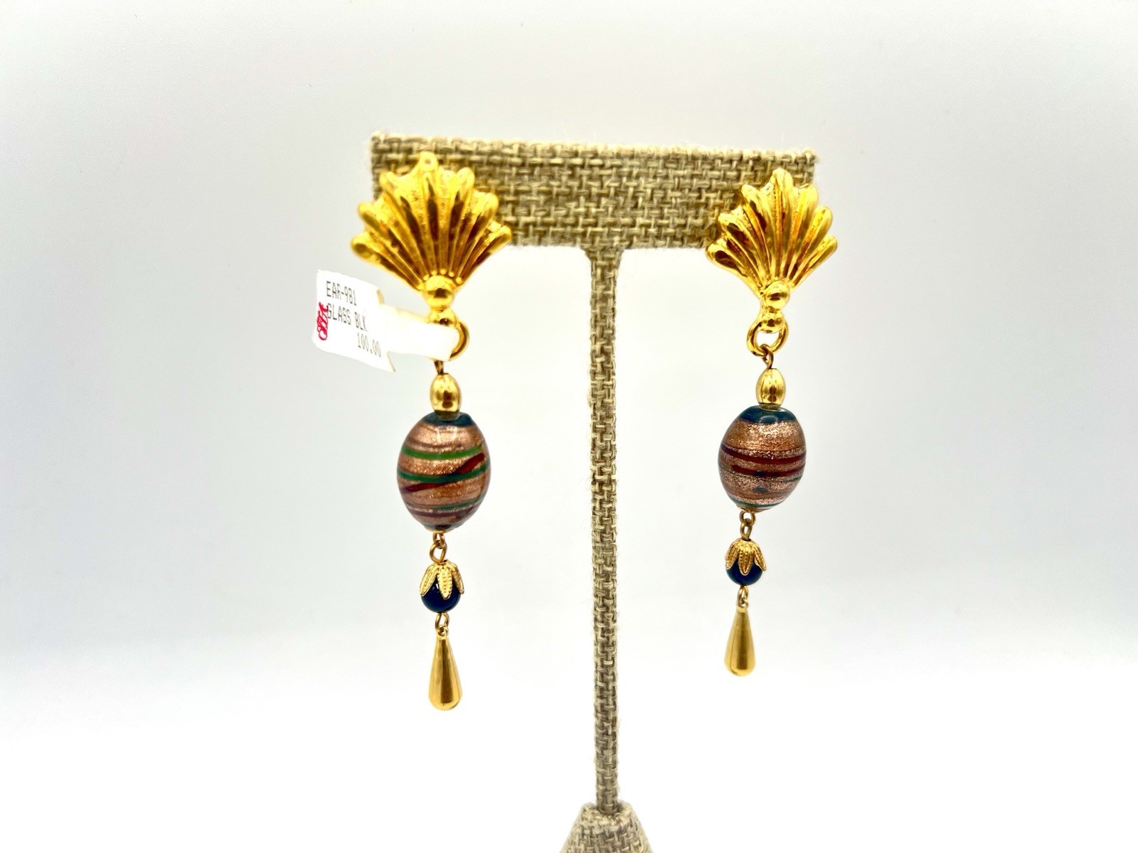 Vintage Gold Black Glass Bead Earrings Dangles New Old Stock NOS 1980s NWT VR