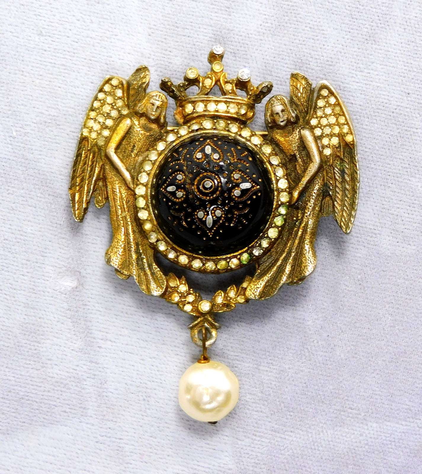 Vintage Angels & Crown Moroccan Matrix Rhinestone Faux Baroque Pearl Drop Brooch
