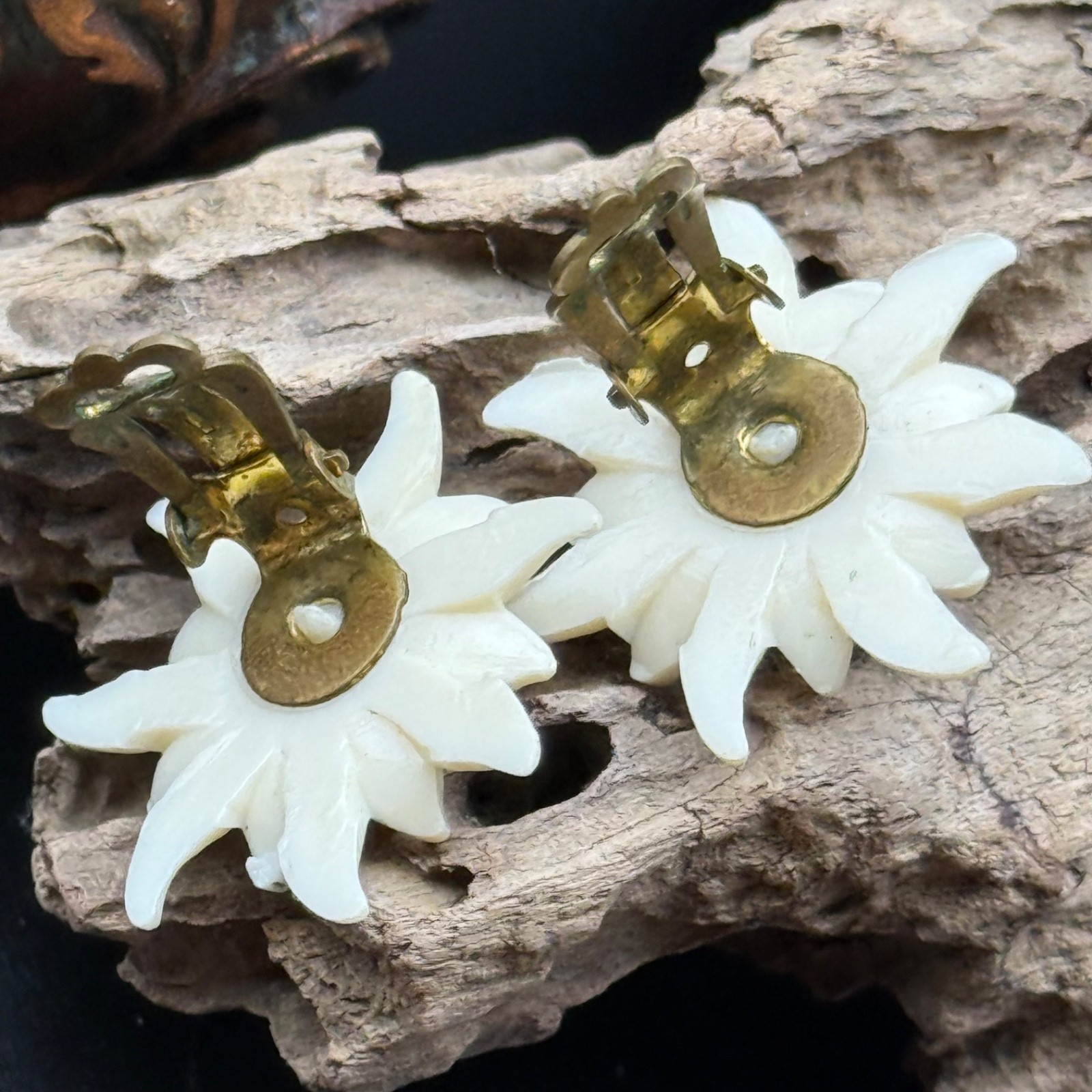 Vintage Edelweiss Clip On Earrings Alpine Flower Swiss German Austrian Celluloid