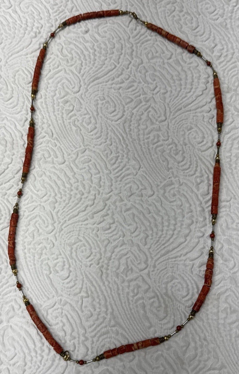 Vintage Natural Red Coral Red / Orange Hue Barrel Shape Gold Spacers 30”Necklace