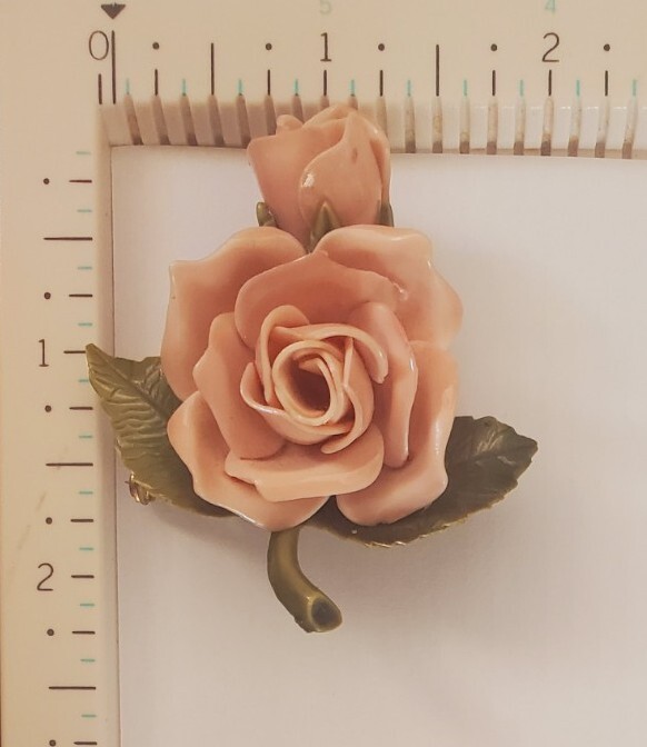 Vintage Celluloid Brooch Rose Painted Muted Pink Rosettes Green Leaves 3D