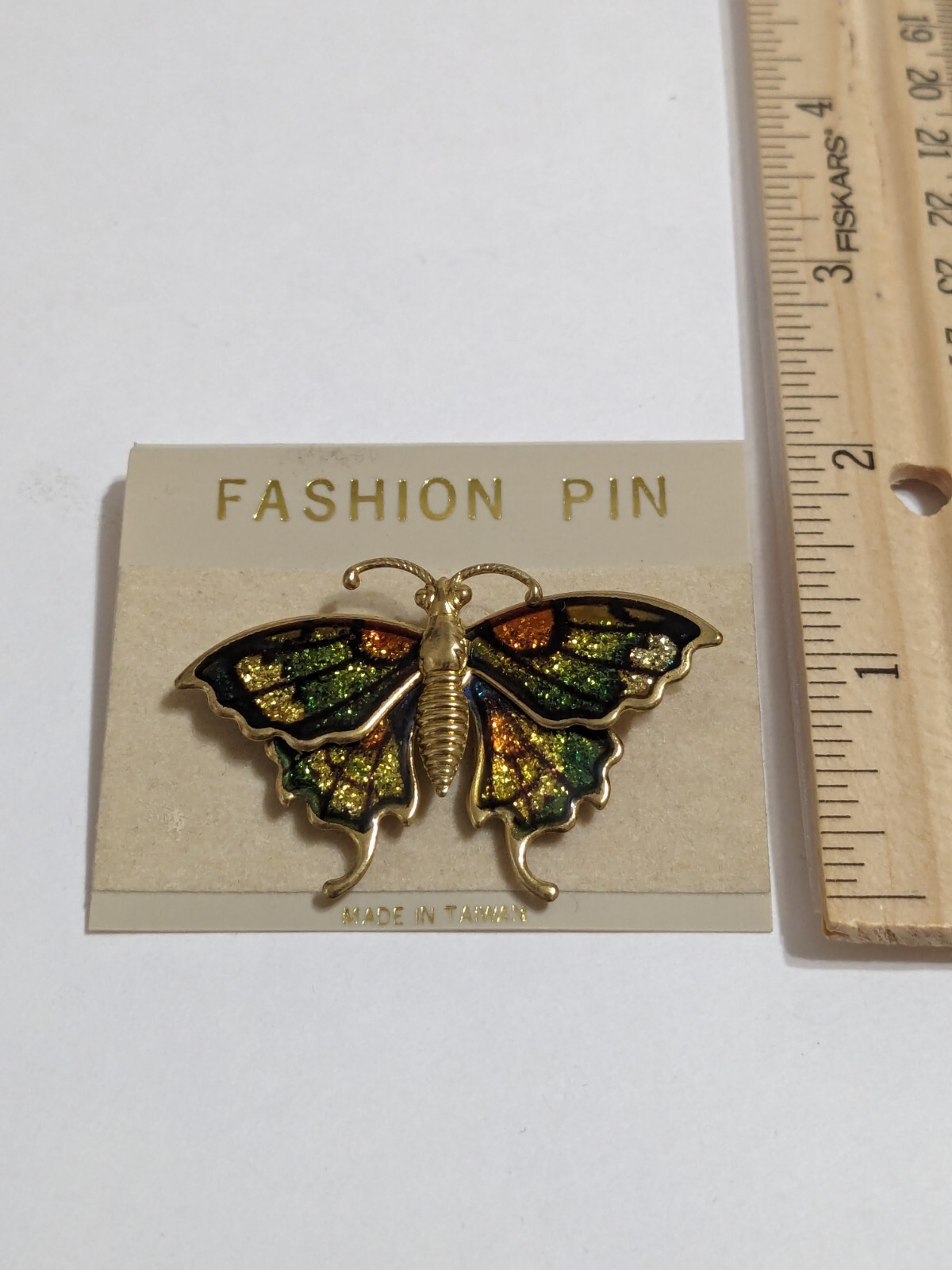 Gold Tone Multi Colored Butterfly Brooch. New. Gold, Brown & Green With Glitter