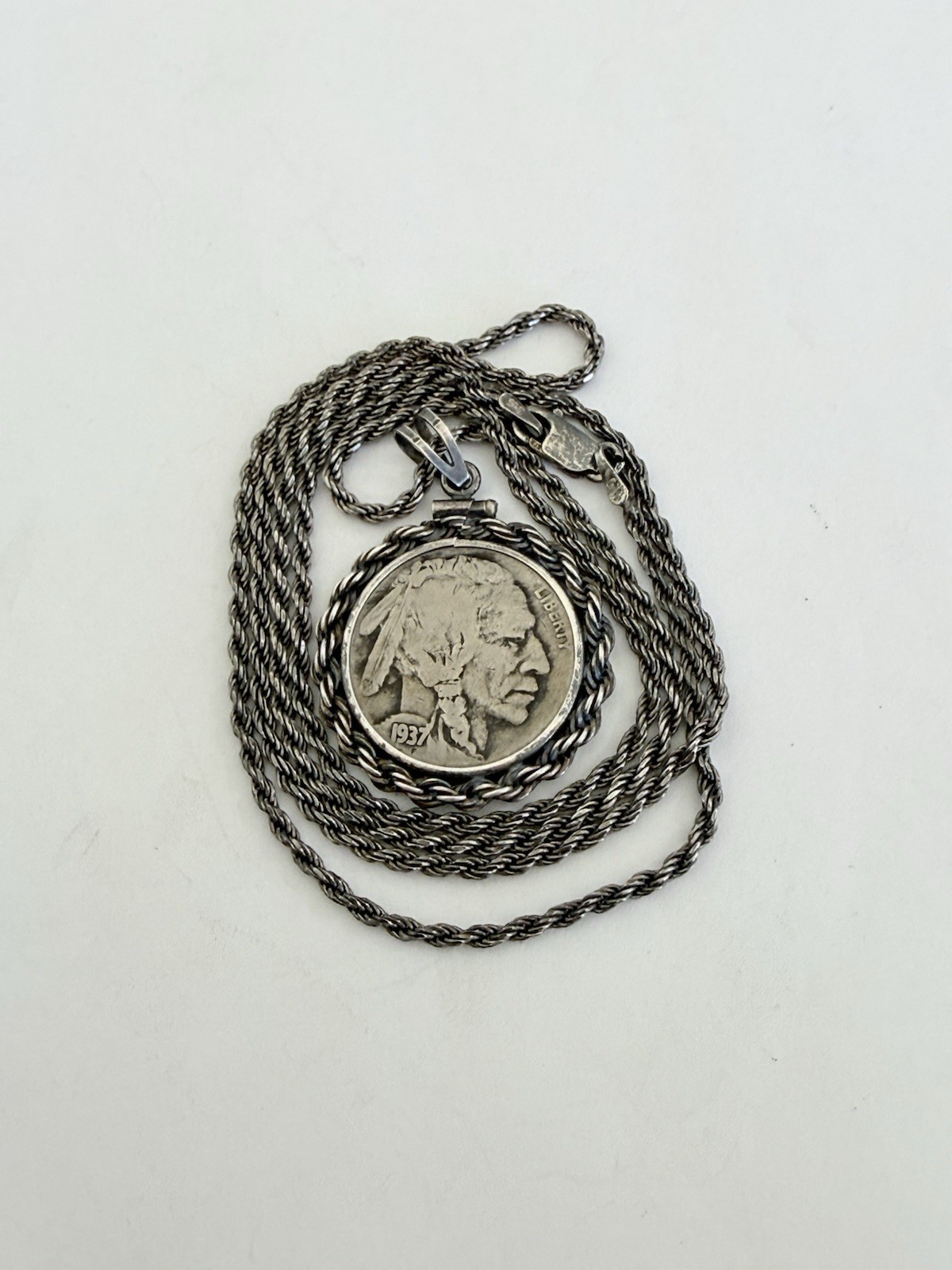Vintage 1937 Buffalo Nickel Coin Pendant 925 Sterling Silver Chain 15-grams