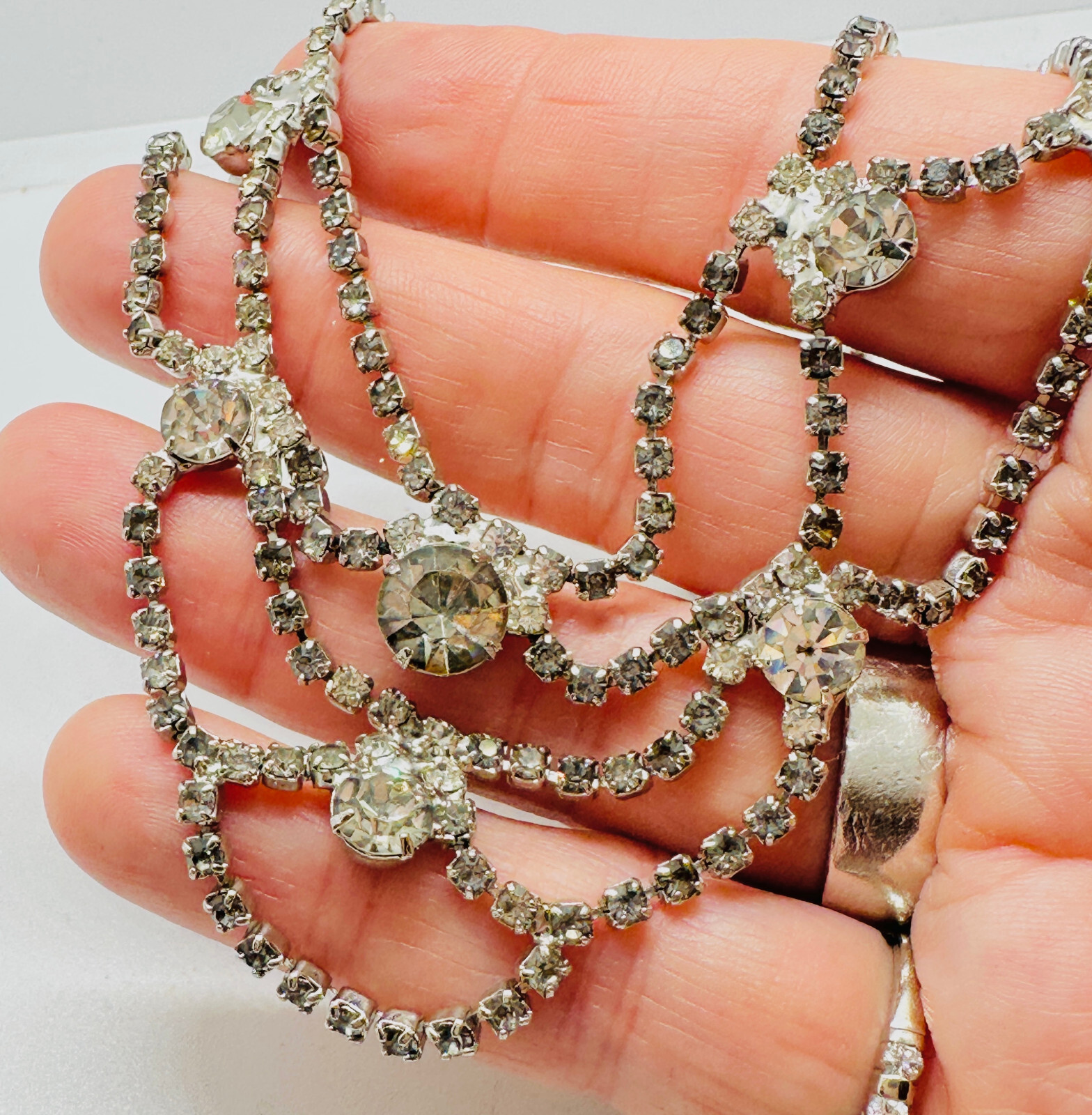 Vintage NOS Smokey Crystal Rhinestone Festoon Necklace & Pierced Earrings Set