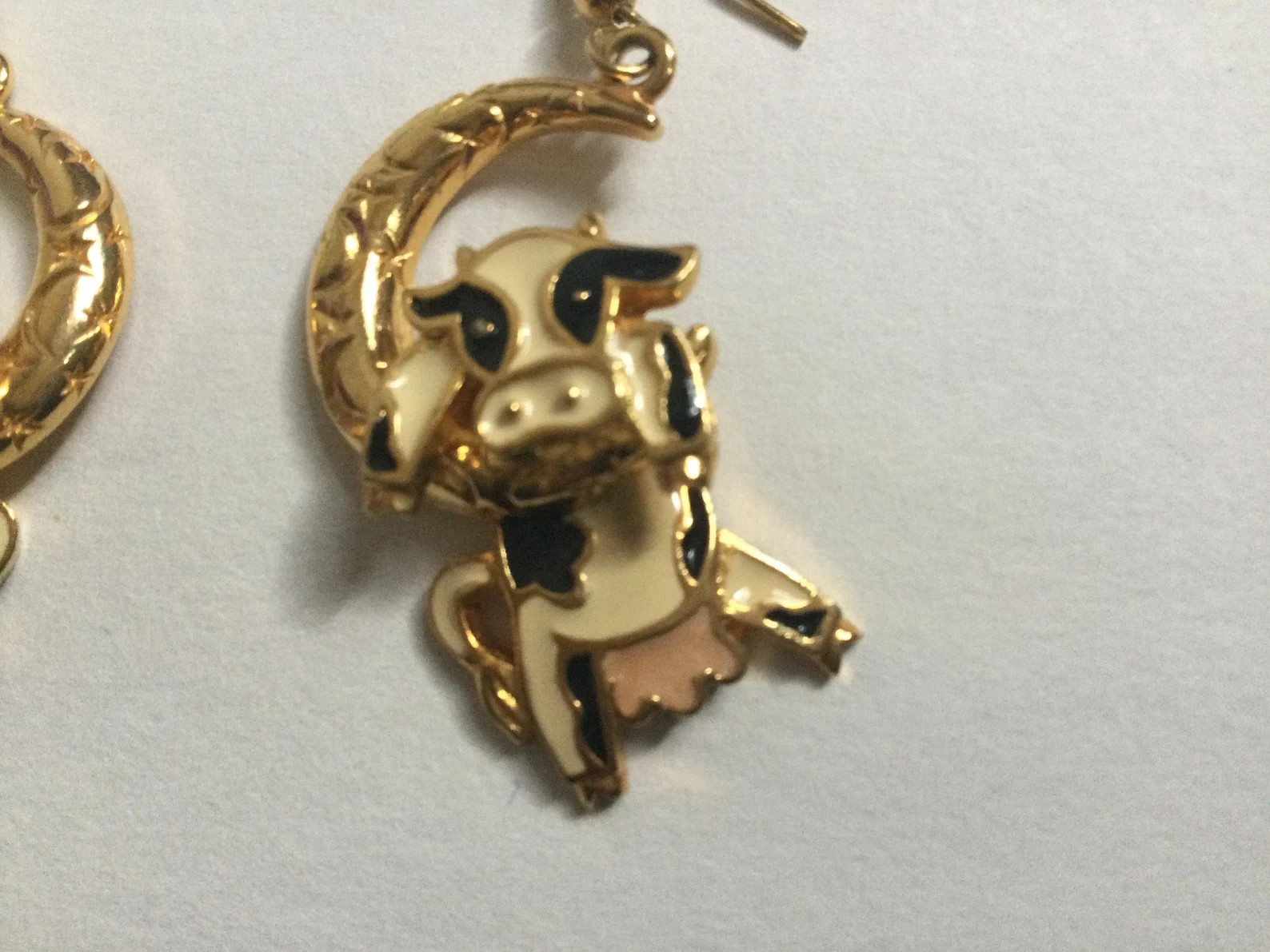 Vintage Cow Earrings Articulated Berebi Jump Over the Moon Enamel Pierced Dangle