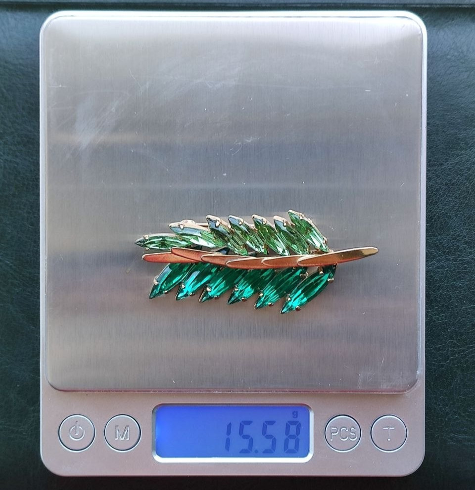Vintage Soviet Brooch Green Glass Stones Leaf Branch USSR 1970s