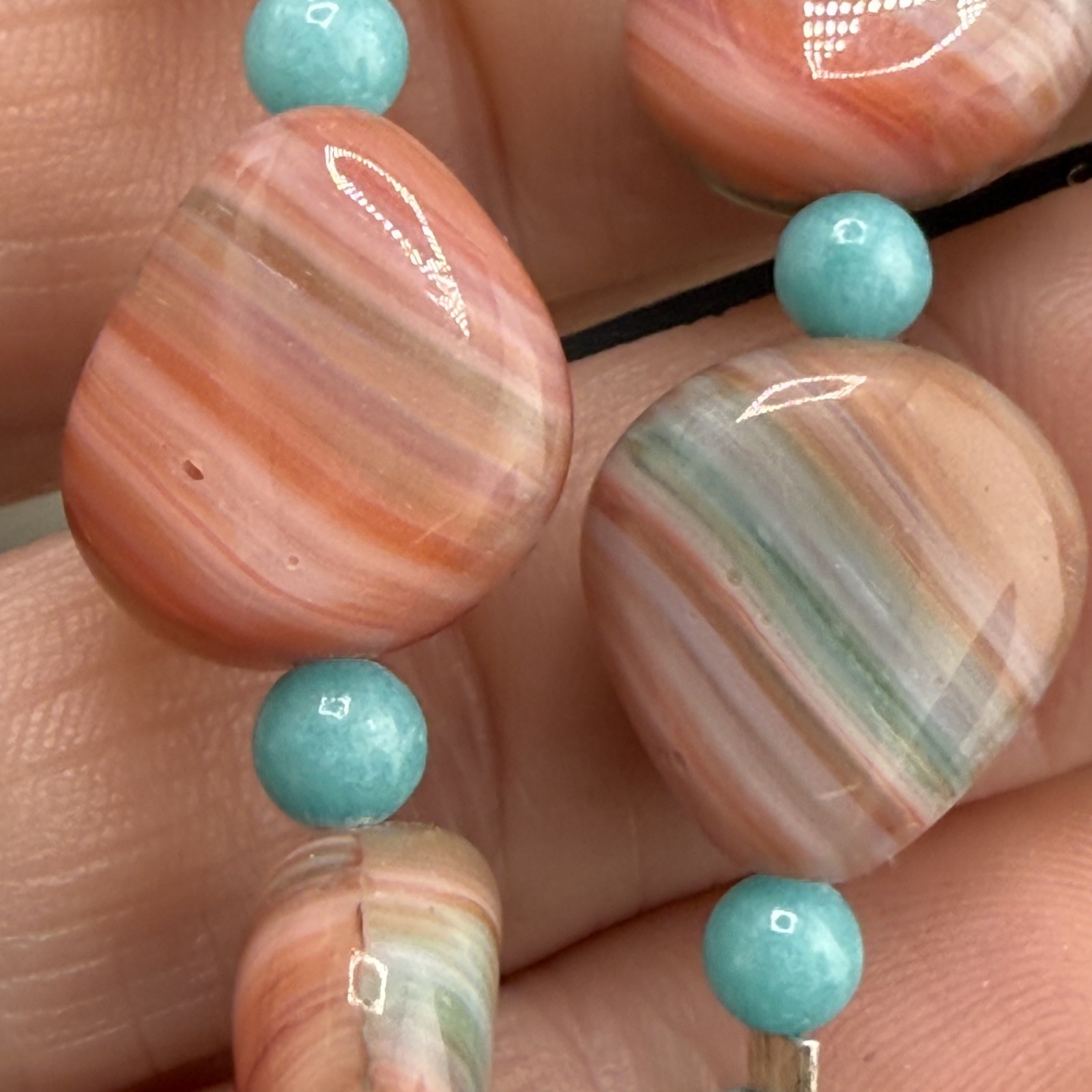 Vintage Polished Stone Necklace Pink Blue Sunrise Beaded 19”