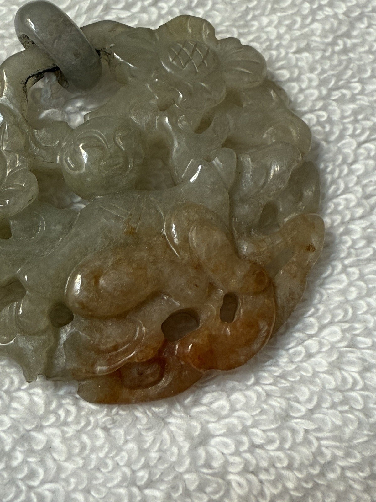 Vintage Carved Jadeite Pendant 26g Natural Green Russet Jade Child Lotus Motif