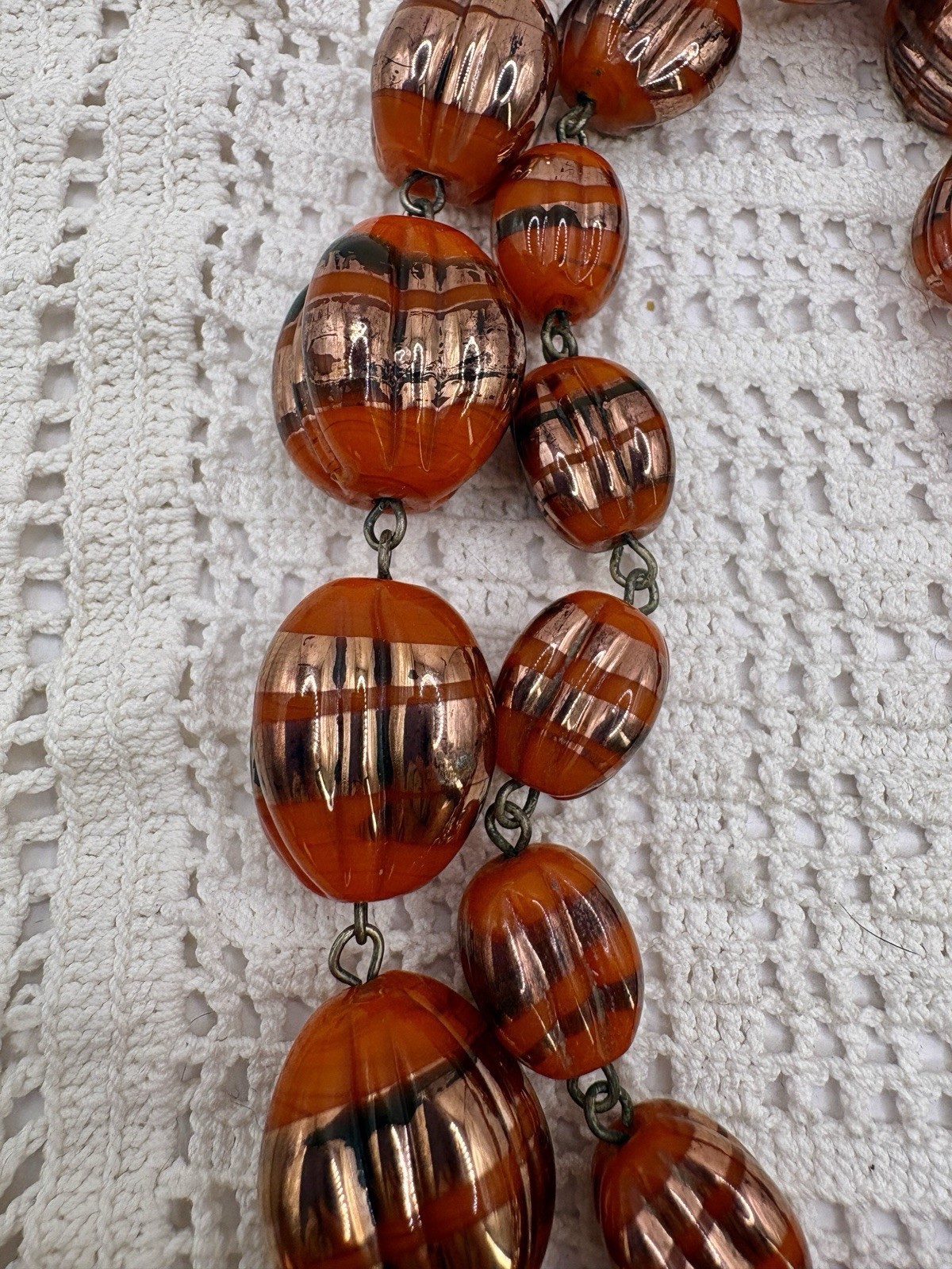 Vintage Czech Melon Foil Glass Graduated Necklace Lampwork Pumpkin 28”