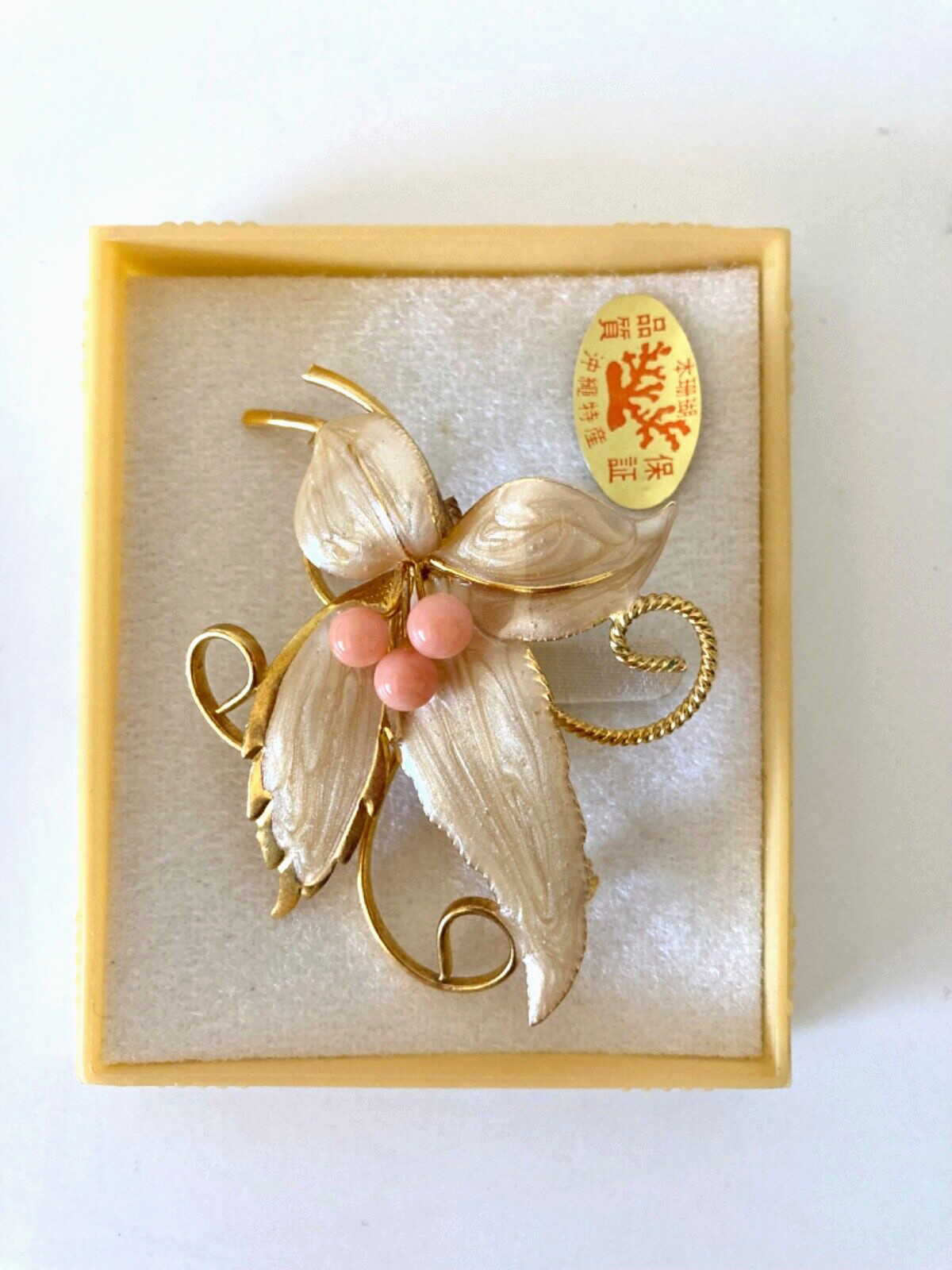 Vtg Coral Orchid Flower Brooch Champagne Enamel Gold Finish Okinawa Japan New
