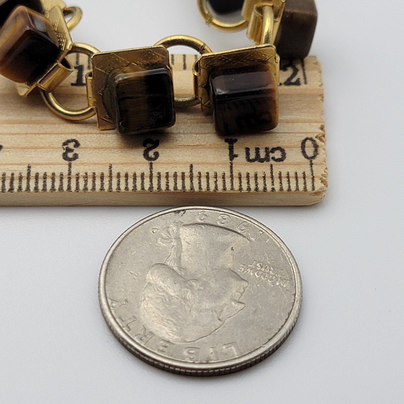 Vintage Art Deco Gold Tone Tiger’s Eye Square Bead Bracelet 7.25 in Fold Clasp
