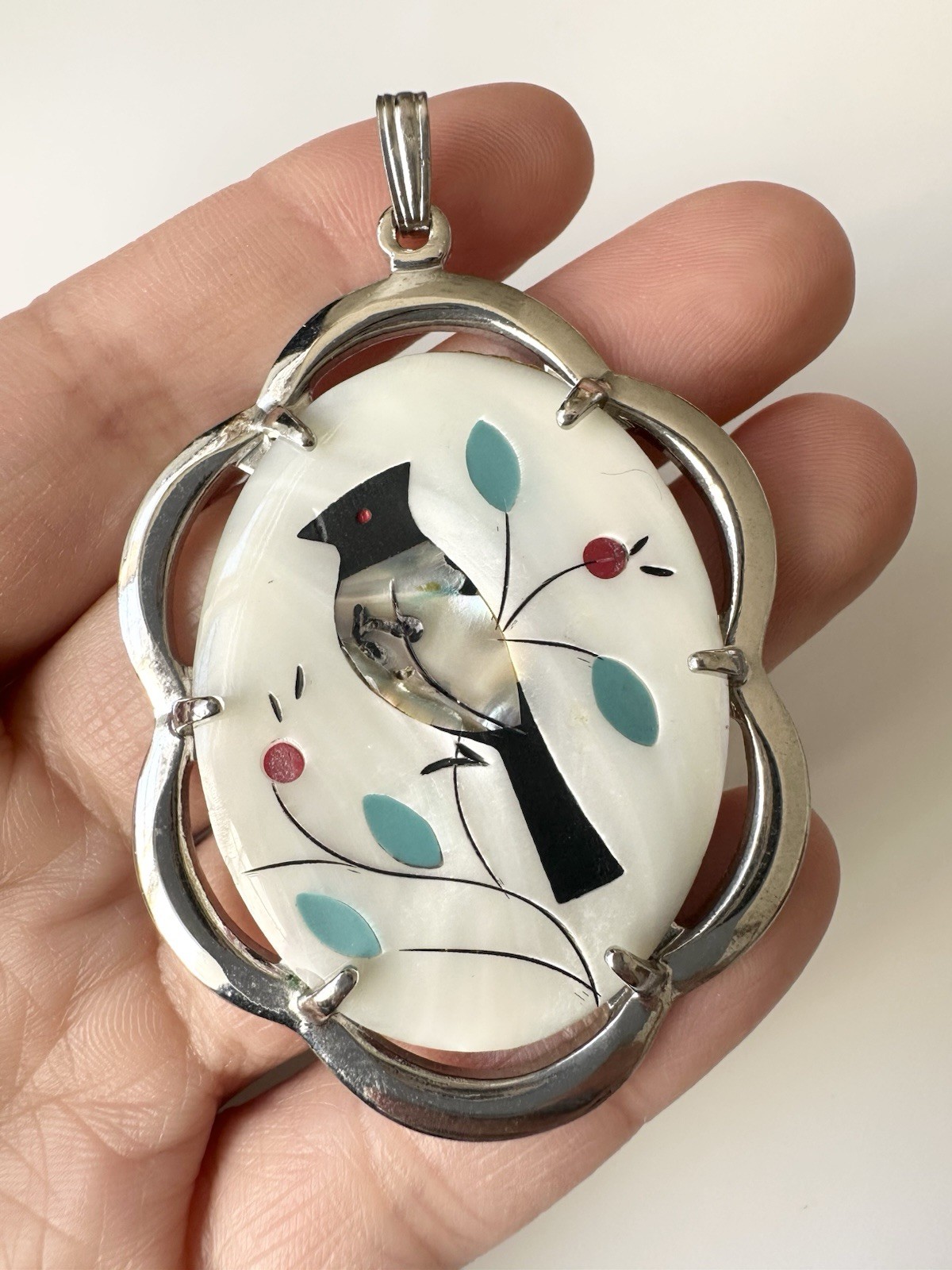 Vintage Mother of Pearl Inlay Bird Pendant Abalone Detail Oval Silver Tone