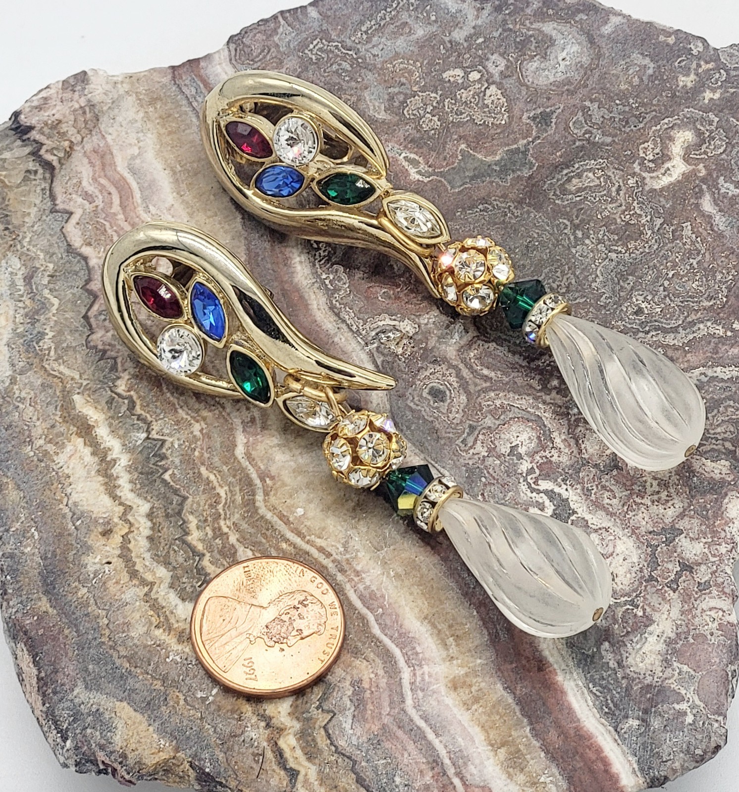 Vintage 3″ costume clip on earrings, Gripoix Glass, dangling frosted glass beads