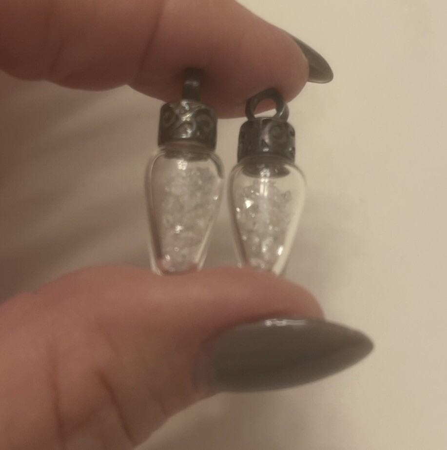 Pair Vintage Diamond Dust Sterling Silver Top Glass Drop Pendants