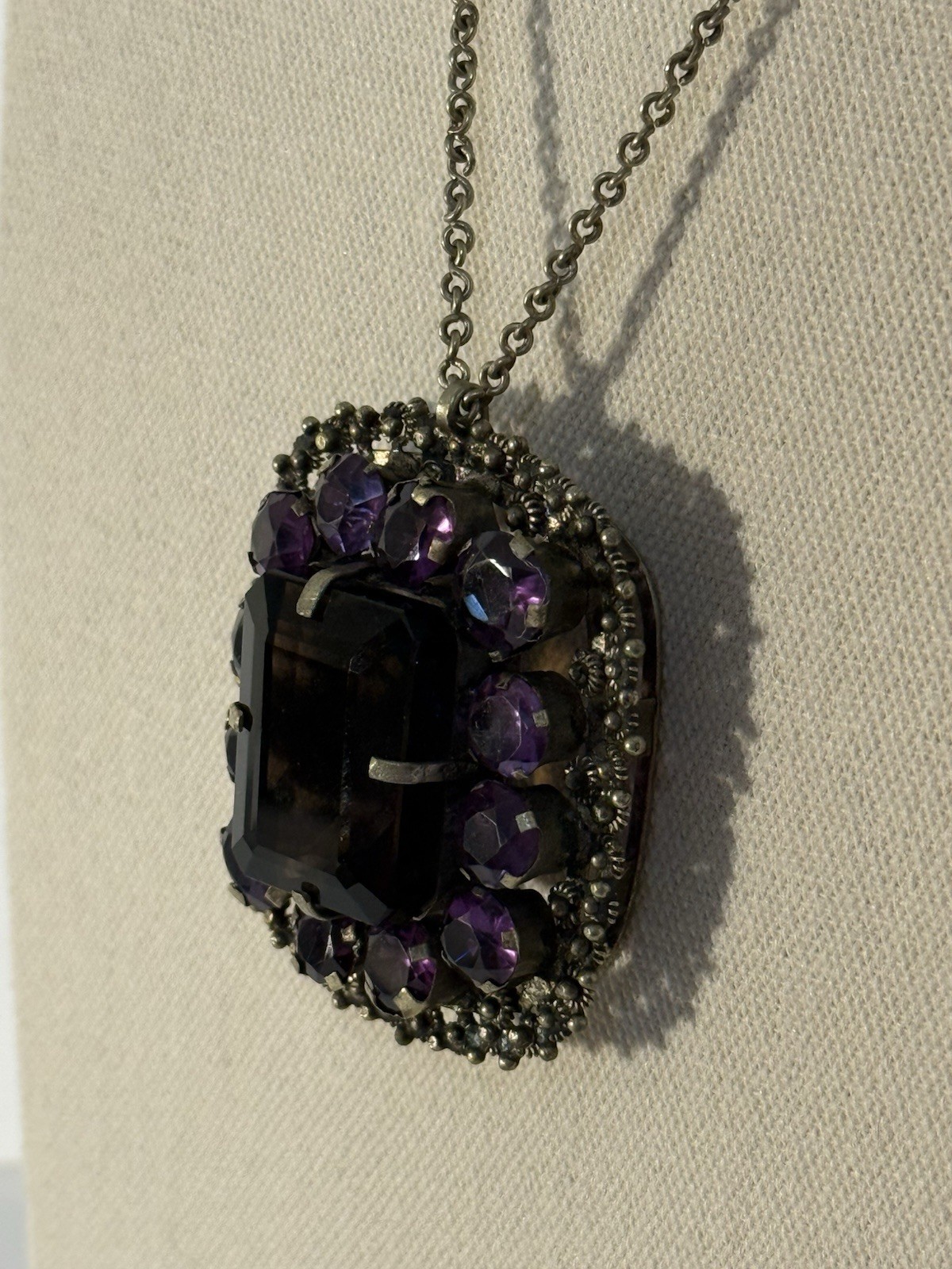 Vintage Thai Amethyst Smoky Quartz Pendant Large Statement Necklace