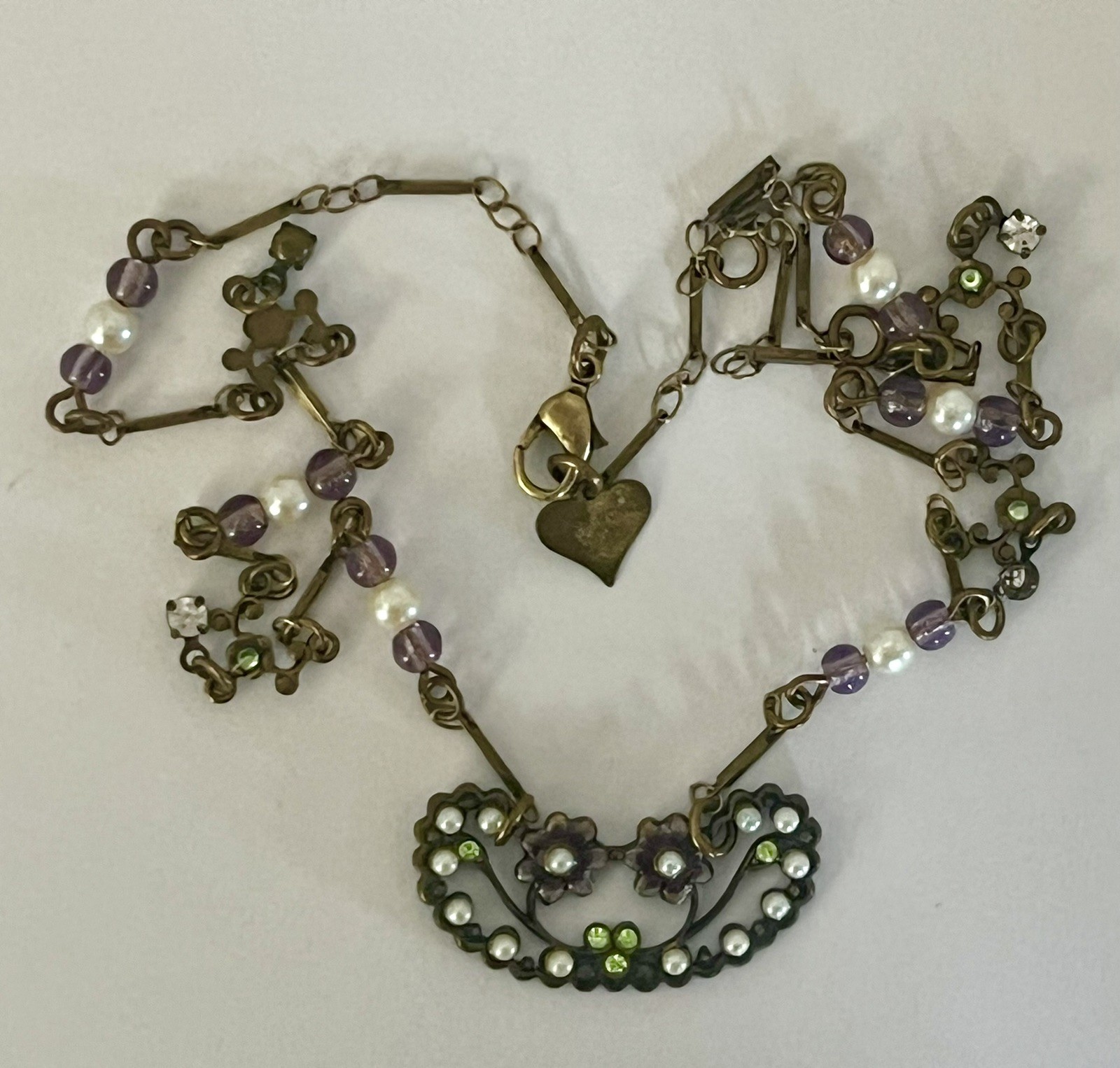 Glass Works Studio Signed Necklace Vintage Hang Tag Flowers Enamel Faux Pearl