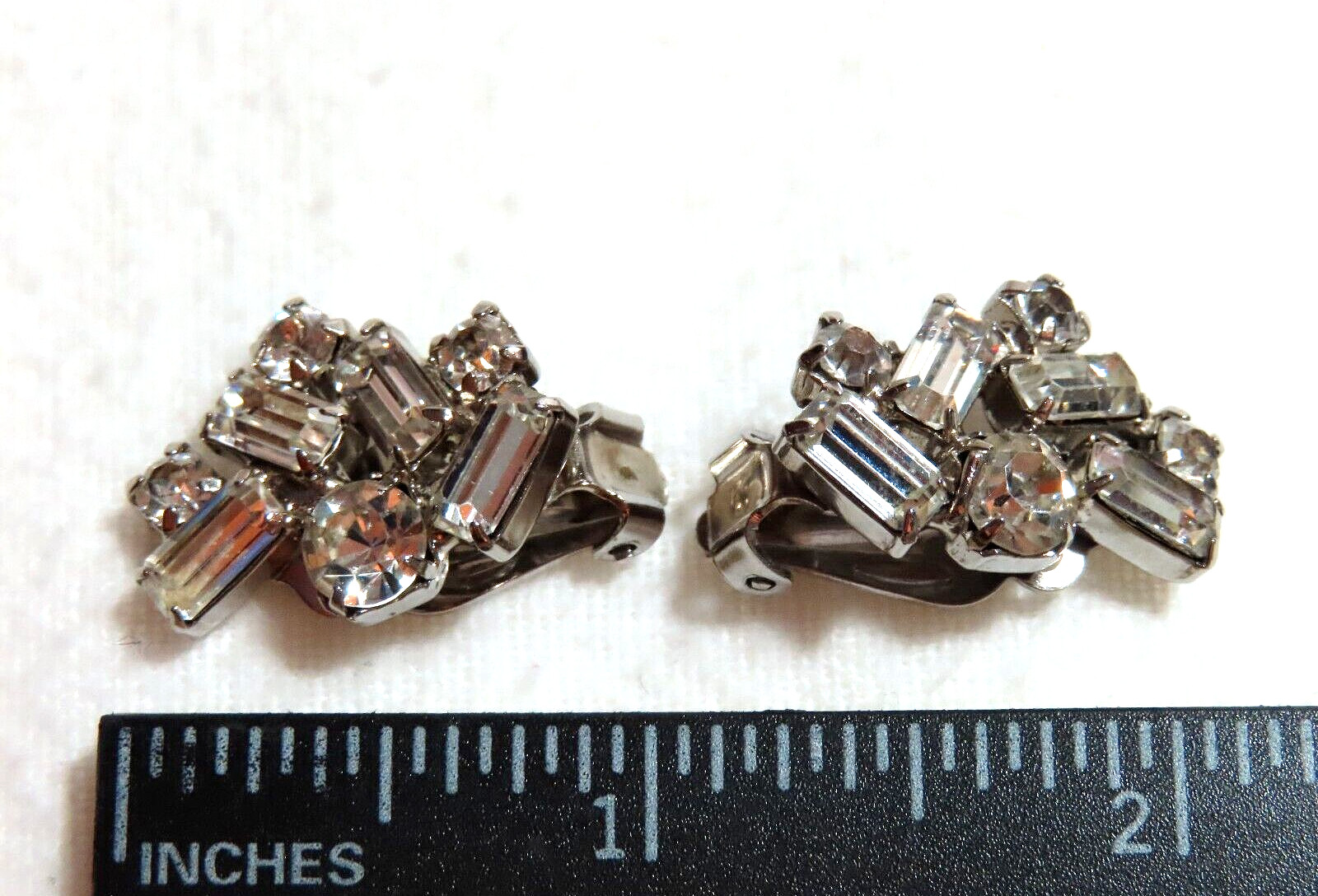 Vintage Clear Glass Rhinestone Baguettes Clip-On Earrings Silver Tone