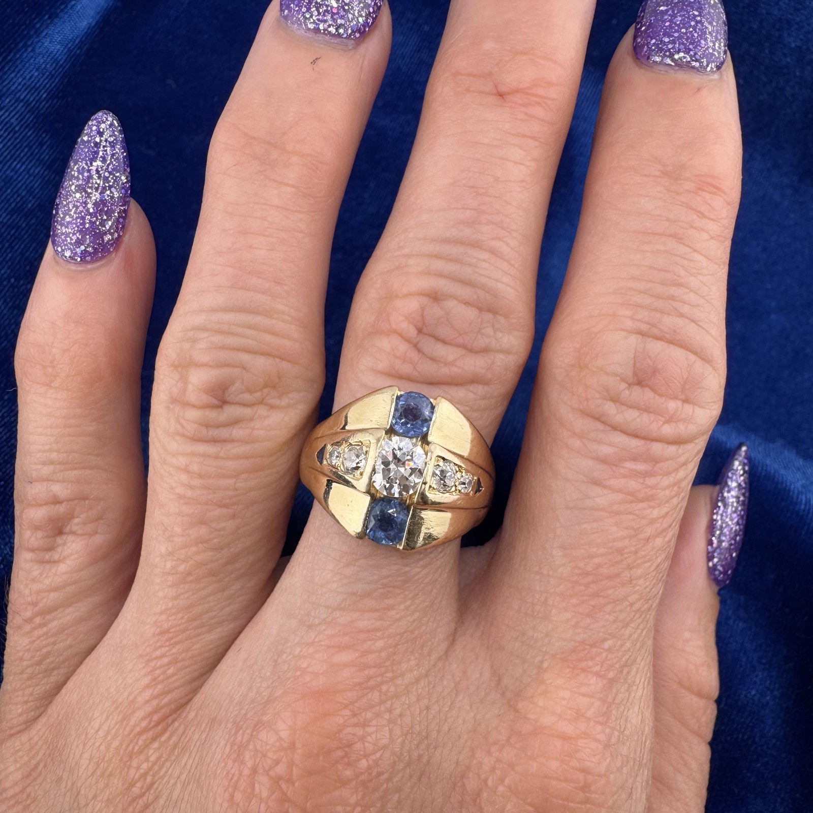 Vintage 14k Yellow Gold 0.53ct. Old European Cut Diamond Sapphire Ring 10.66g