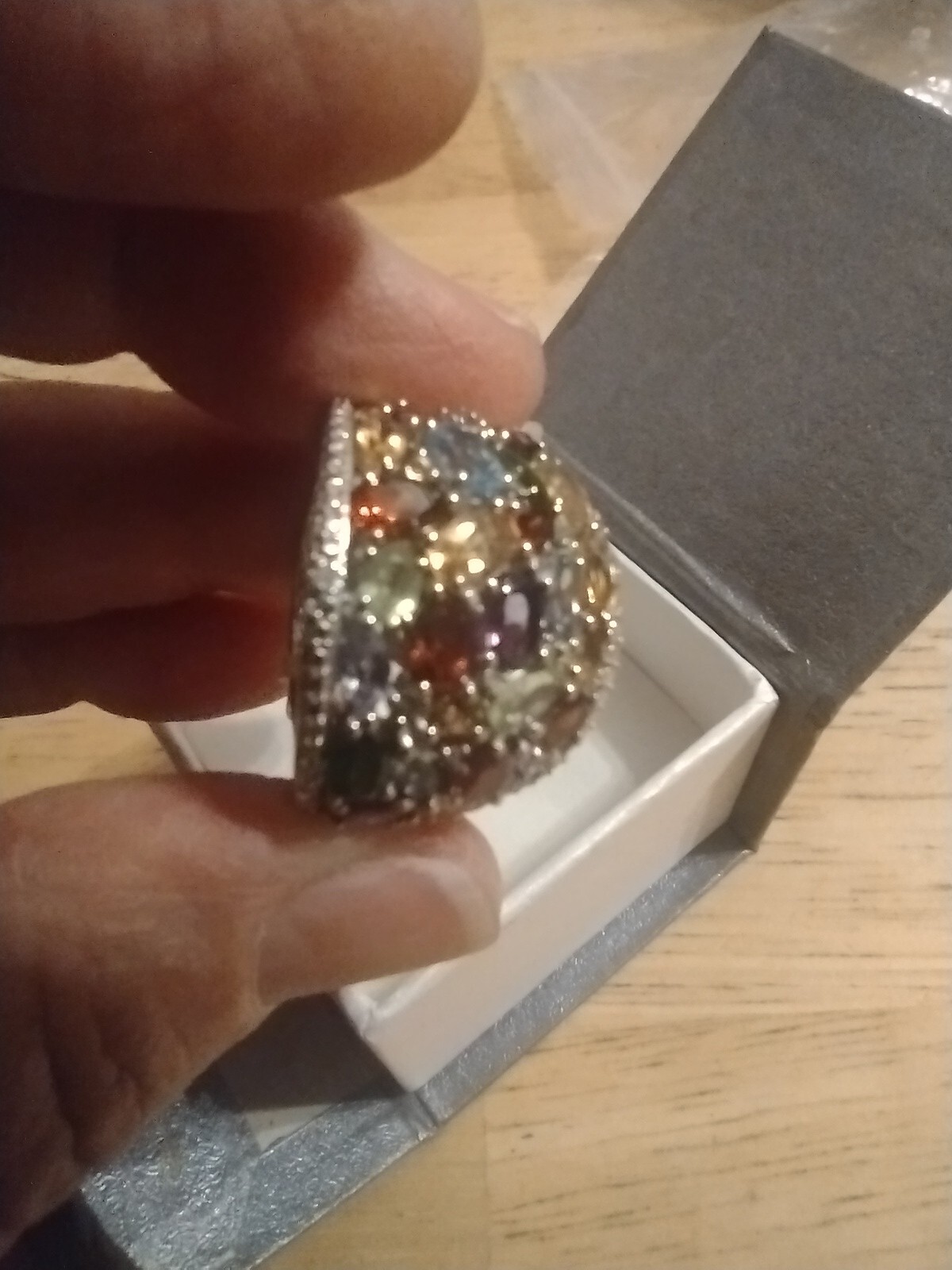 Semiprecious Stone And Silver Tone Cocktail Ring, Size 8.5 Statement Piece