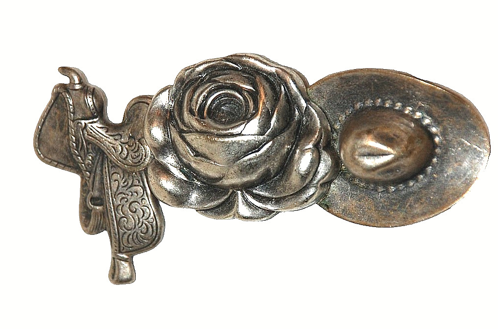 Saddle Rose Cowgirl Hat Western Brooch Pin Metal Silver Tone 1980’s Jewelry