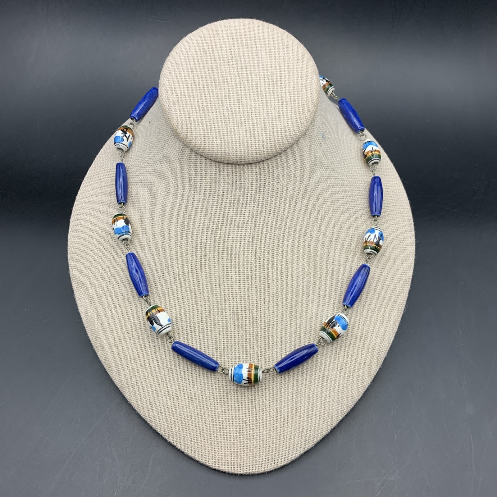 Ceramic Hand Painted Necklace Folk Art Ethnic Peruvian ? Blue Beaded Vintage