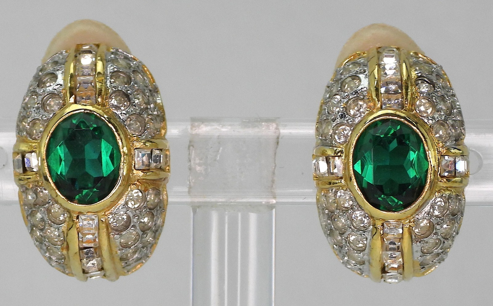 Vtg LES BERNARD Domed Earrings Clear Crystals & Faux Center Oval Green Emerald