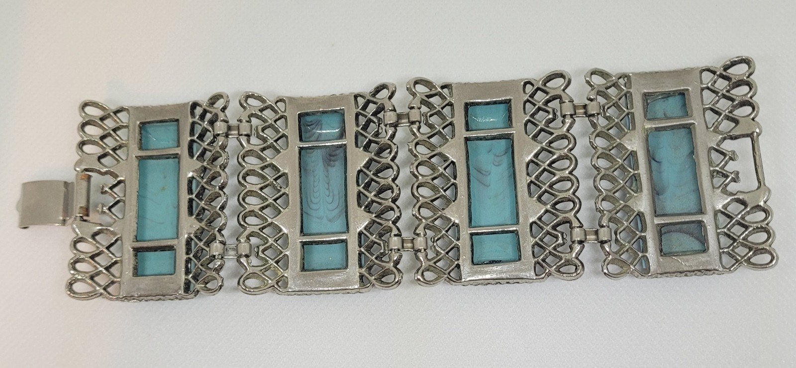 1950s Faux Turquoise Cabochon Bracelet Silver Tone