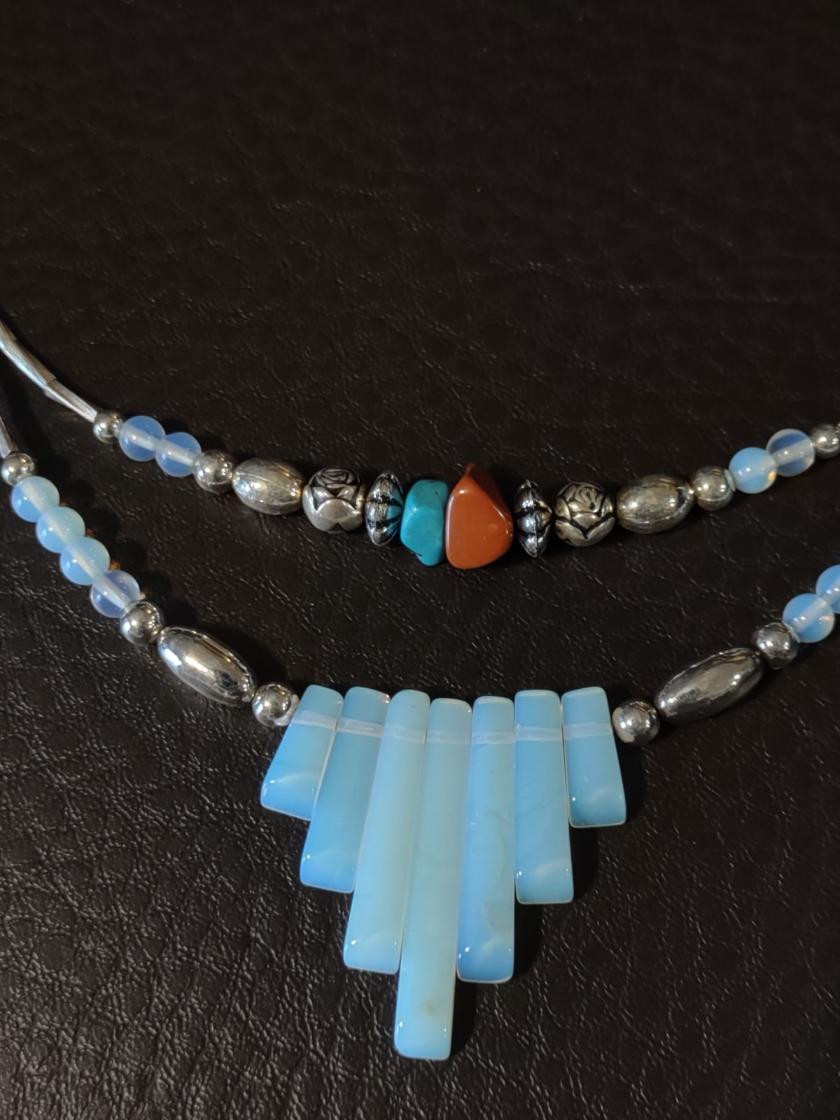 Fringe Moonstone Liquid Silver Layered Necklace Turquoise Coral Beads 18″
