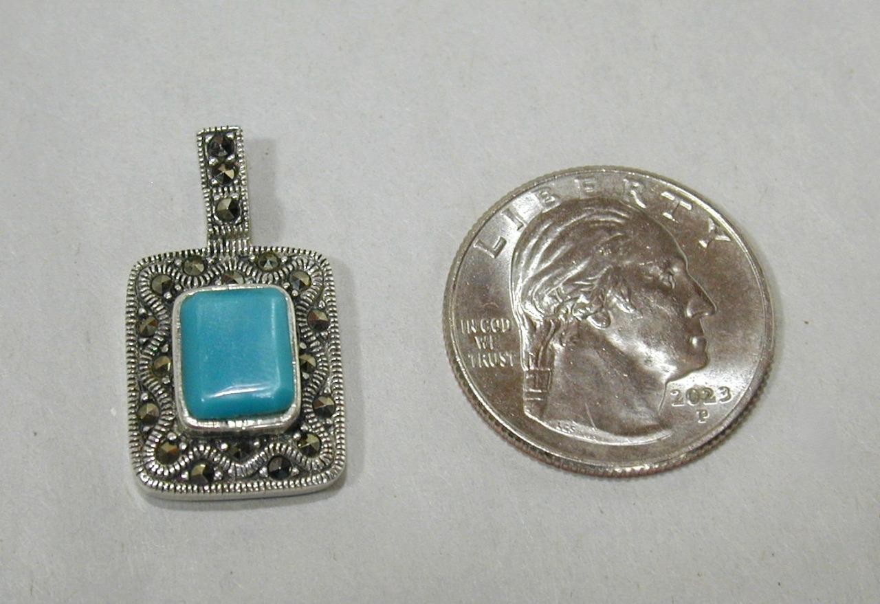Vintage CW Charles Winston Sterling Turquoise & Marcasite Pendant 925 Silver
