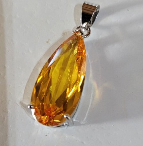 35mm Faceted Silver Lab Created Cubic Zirconia Citrine Colour Silvertone Pendant