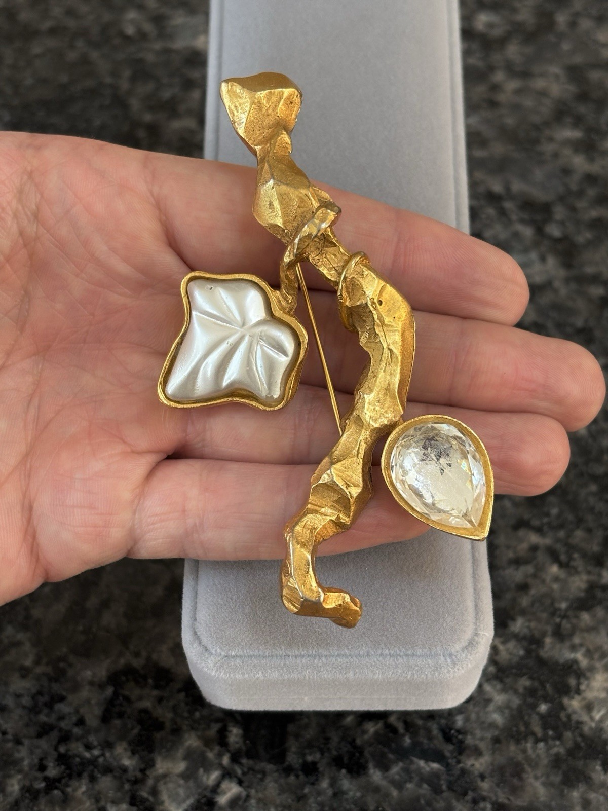 Vintage Antigona Paris Large Gold Plated Tree Branch Leaf Nature Brooch 3.75”