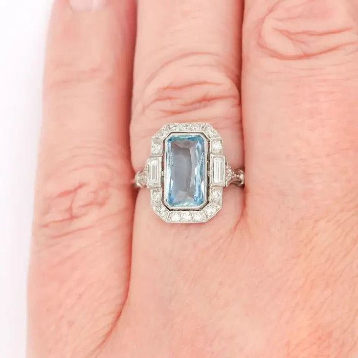 4.98Ct Art Deco Style Emerald Cut Lab-Created Aquamarine 14K White Gold FN Ring
