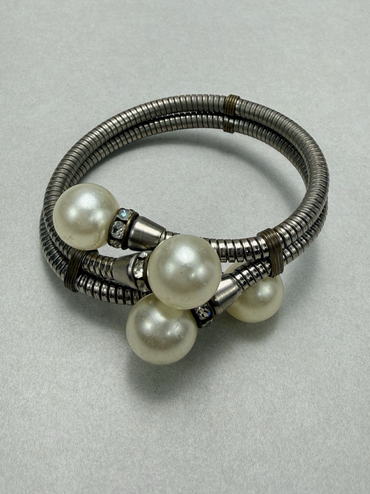 Pearl Rhinestone Wrap Bracelet Multi Strand Silver Tone Statement