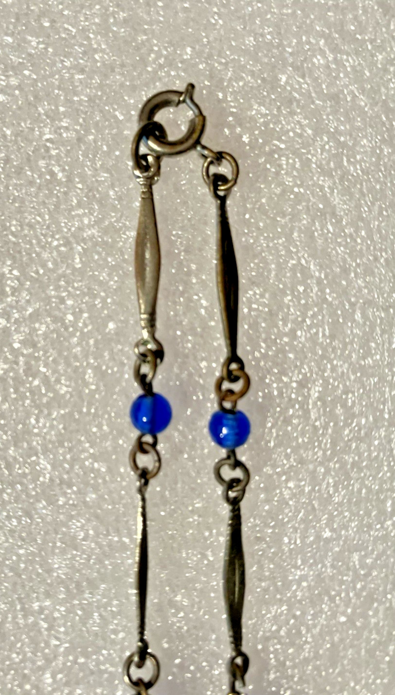 Vtg ART DECO CZECH blue foil GLASS drop pendant NECKLACE 3 “torpedo beads”