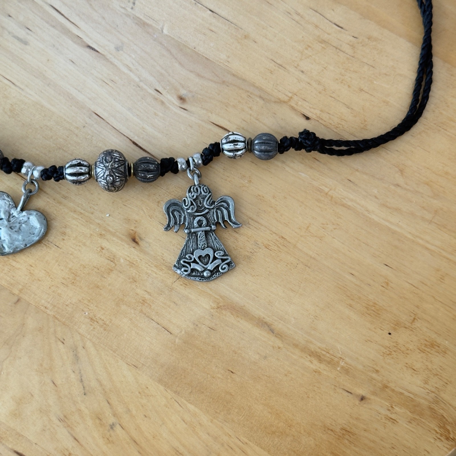 Vintage Signed MARCIE Beaded Pewter 3 Angels Cord Necklace Faith, Hope & Charity