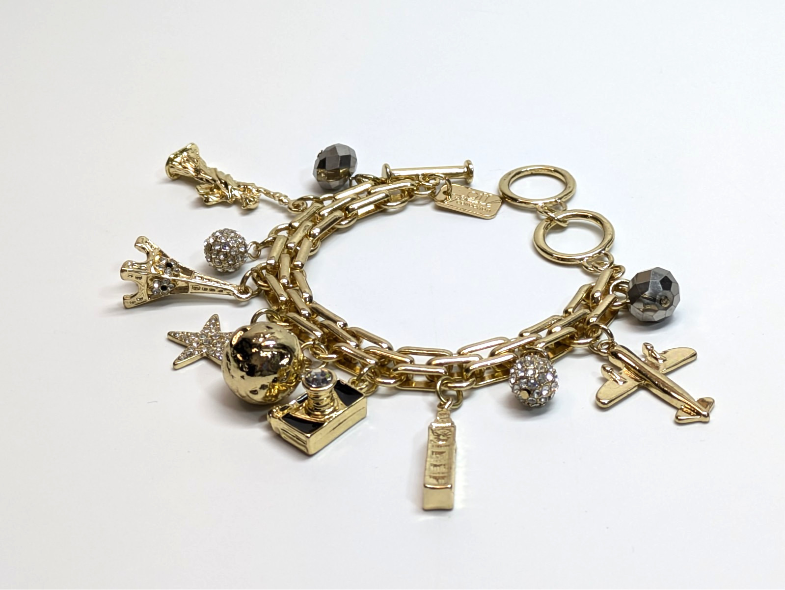 VTG Off Park Collection Gold Tone Travel Charm Bracelet Eiffel Tower Camera 8-9″