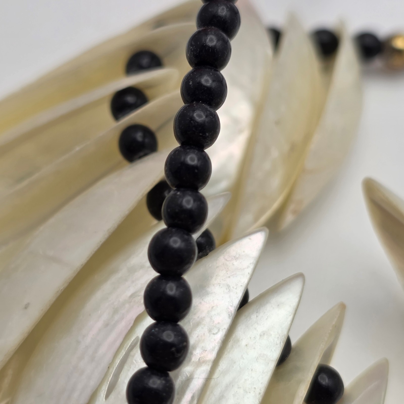 Vintage Mother Of Pearl Shell Fringe Bib Necklace Black Bead Tribal Boho 25″